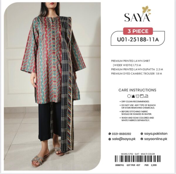 SAYA 3-Piece Unstitched Lawn Suit – U01-25188-11A (Multicolor)