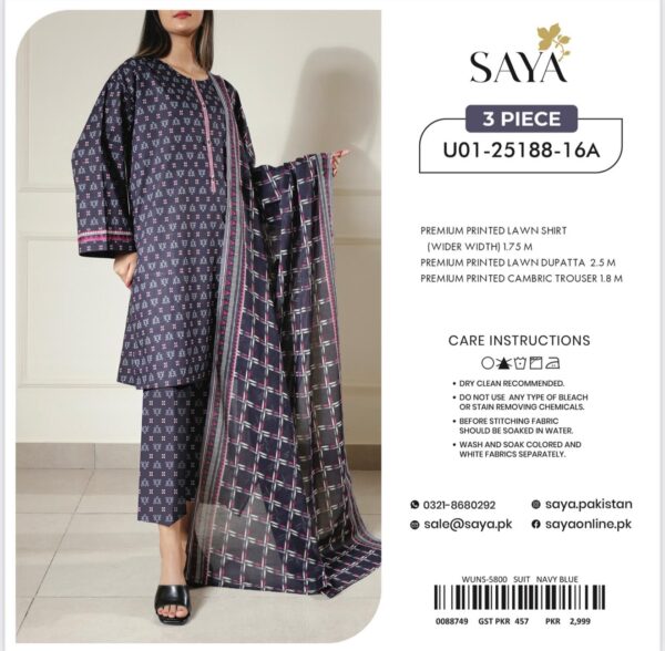 SAYA 3-Piece Unstitched Lawn Suit – U01-25188-16A